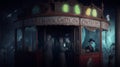 A sinister carnival ticket booth with ghostly attendants