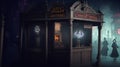 A sinister carnival ticket booth with ghostly attendants