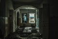 Sinister and creepy interior of abandoned and rotten hospital