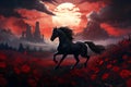 sinister dark horse running in a gloomy red field of flowers, in front of castle with dramatic clouds in sunset sky Royalty Free Stock Photo