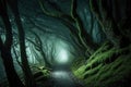 sinister forest trail shrouded in mist, with eerie sounds and mysterious lights