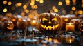 Sinister Halloween composition in dark tones. Spooky pumpkin jack-o-lanterns, burning candles, beads, blurred background