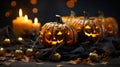 Sinister Halloween composition in dark tones. Spooky pumpkin jack-o-lanterns, burning candles, dry leaves, blurred