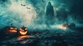 Sinister Halloween night with swirling smoke, cracked floor, bats in background, glowing pumpkins, and abstract ghostly