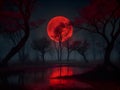 Crimson Nightmare: Sinister Halloween Scene with Red Moon, Blood River, and Creepy Trees Under Shadows.