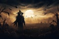 a sinister Halloween vector background with a haunted cornfield, scarecrows, and a foreboding storm, Generated AI