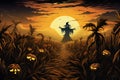 a sinister Halloween vector background with a haunted cornfield, scarecrows, Generated AI