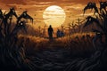 sinister Halloween vector background with a haunted cornfield, scarecrows, Generated AI