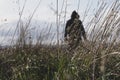 A sinister hooded figure standing in a field, out of focus. With a low camera angle