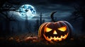 Sinister Illumination Spooky Halloween Pumpkin with Evil Face in Graveyard, Misty Night Sky, and Full Moon. created with