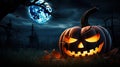Sinister Illumination Spooky Halloween Pumpkin with Evil Face in Graveyard, Misty Night Sky, and Full Moon. created with