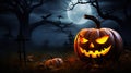 Sinister Illumination Spooky Halloween Pumpkin with Evil Face in Graveyard, Misty Night Sky, and Full Moon. created with