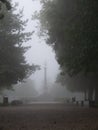 sinister landscape of fog surrounded by trees with statue in the center
