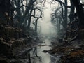 Sinister landscape of a forgotten stream in a mysterious forest