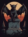 A sinister looking gargoyle perched atop a spooky monument its eyes glowing like ominous embers in the night sky. Gothic Royalty Free Stock Photo