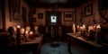 sinister mansion with creepy dolls and portraits lining the walls, with flickering candles and creaking floorboards
