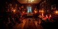sinister mansion with creepy dolls and portraits lining the walls, with flickering candles and creaking floorboards