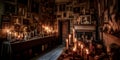 sinister mansion with creepy dolls and portraits lining the walls, with flickering candles and creaking floorboards