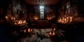 sinister mansion with creepy dolls and portraits lining the walls, with flickering candles and creaking floorboards