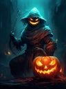 Sinister Scarecrow with Menacing Halloween Pumpkin in a Dark Night Bathed in Moonlight AI generated
