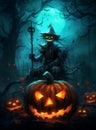 Sinister Scarecrow with Menacing Halloween Pumpkin in a Dark Night Bathed in Moonlight AI generated