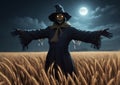 a sinister scarecrow under the moon