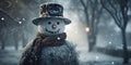 A sinister snowman surrounded by a dark winter wonderland intimidating viewers. Concept Snowman Horror, Dark Winter Scene, Royalty Free Stock Photo