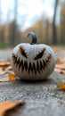 Sinister Split: The Devious White Pumpkin with Cryptic Armor and Royalty Free Stock Photo