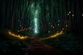 A sinister, twisted forest path illuminated by floating, glowing fireflies leading to a hidden, ominous destination