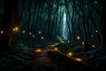 A sinister, twisted forest path illuminated by floating, glowing fireflies leading to a hidden, ominous destination