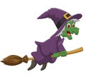 Sinister witch was riding broomstick on white background