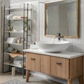 Sink bowl on chest of drawers, mirror and shelving unit in bathroom