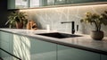 Sink detail shot in a luxury kitchen with marble countertop and faucet