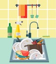 Sink with dirty dishes. Flat style illustration