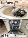 Sink with dirty kitchenware, utensils and dishes. Open dishwasher with clean dishes. Improvement, easy, comfort life and progress Royalty Free Stock Photo