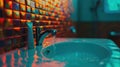 A sink with a faucet running water in it and colorful tiles, AI