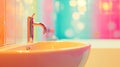 A sink with a faucet running water into it in front of colorful bathroom, AI