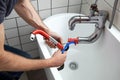 The sink pipe is being fixed by a male plumber in overalls, as seen from a high angle, providing a clear view of his workmanship Royalty Free Stock Photo