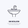 Sink, toilet flat line icon. Ceramic washbowl with faucet sign. Vector illustration of house equipment store or plumbing