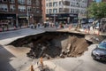 a sinkhole on a busy city street, with traffic and pedestrians around Royalty Free Stock Photo