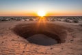 sinkhole in a desert, with the sun setting over the horizon