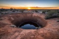 sinkhole in a desert, with the sun setting over the horizon