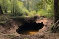 sinkhole in forest, with trees and wildlife surrounding it