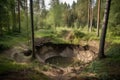 sinkhole in forest, with trees and wildlife surrounding it