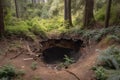 sinkhole in forest, with trees and wildlife surrounding it