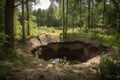 sinkhole in forest, with trees and wildlife surrounding it