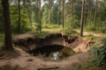 sinkhole in forest with trees and wildlife visible