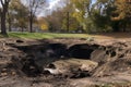 sinkhole forming in the middle of a park, with debris and mud visible