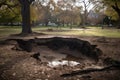 sinkhole forming in the middle of a park, with debris and mud visible