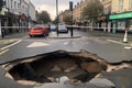 a sinkhole that has opened up on a busy street, with cars driving over the hole